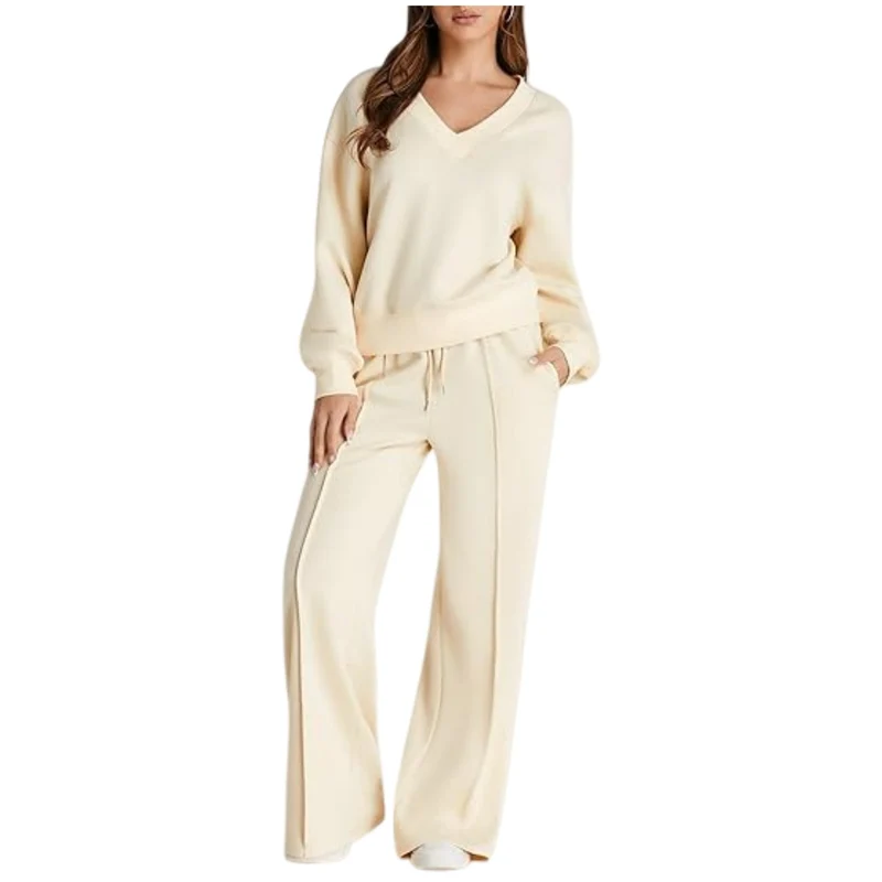 Damen Lässiges V-Ausschnitt Lounge-Set aus weichem Baumwoll-Mix Nord Taschen