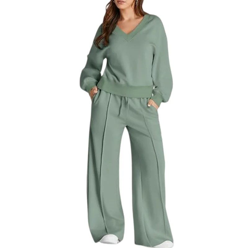 Damen Lässiges V-Ausschnitt Lounge-Set aus weichem Baumwoll-Mix Nord Taschen