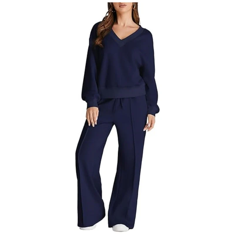 Damen Lässiges V-Ausschnitt Lounge-Set aus weichem Baumwoll-Mix Nord Taschen