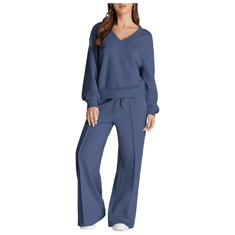 Damen Lässiges V-Ausschnitt Lounge-Set aus weichem Baumwoll-Mix Nord Taschen