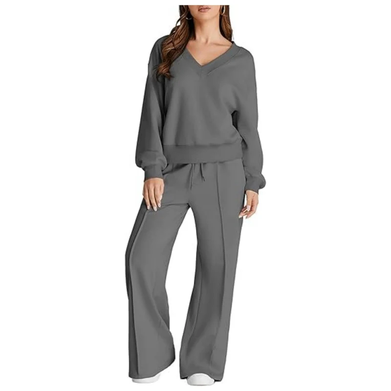 Damen Lässiges V-Ausschnitt Lounge-Set aus weichem Baumwoll-Mix Nord Taschen