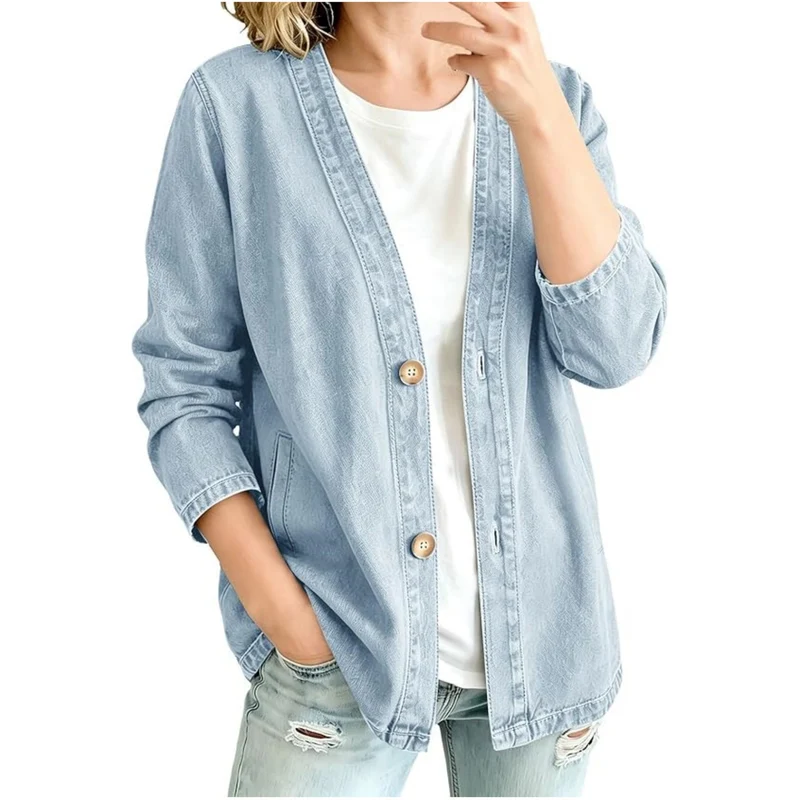 Damen lässige Oversize-Denimjacke mit Knopfleiste und Kimono-Schnitt Nord Taschen