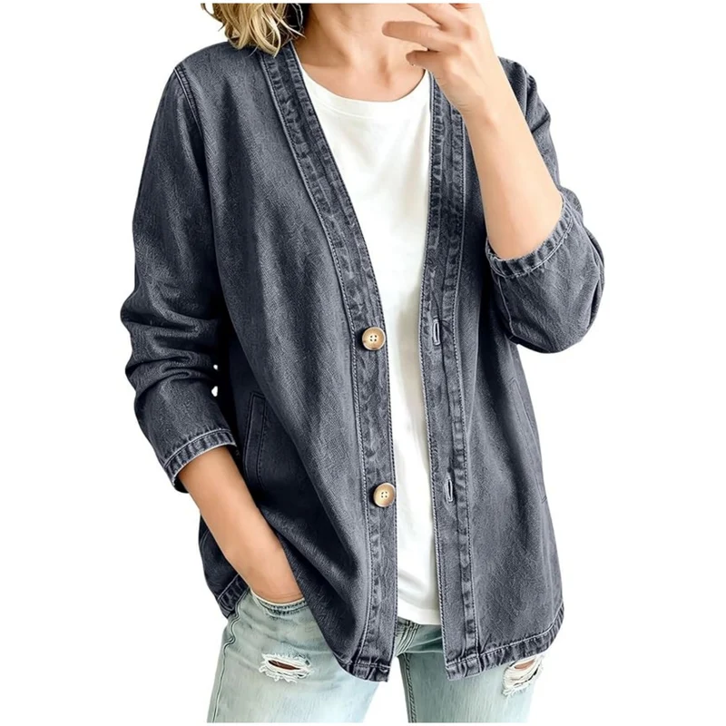 Damen lässige Oversize-Denimjacke mit Knopfleiste und Kimono-Schnitt Nord Taschen