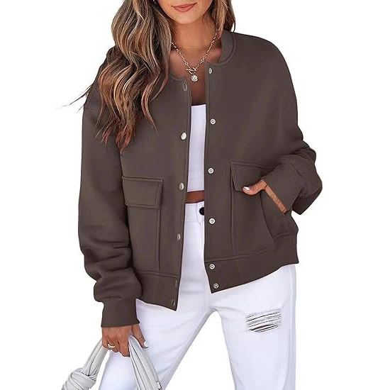 Damen lässige Oversize-Bomberjacke aus Sweatstoff mit Druckknopfleiste und aufgesetzten Taschen Nord Taschen