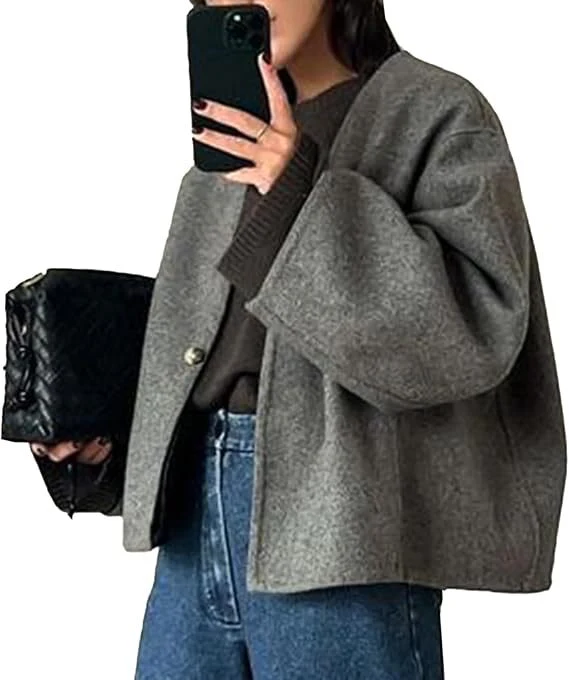 Damen Kurzboxy-Mantel mit Ballonärmeln und Rundhalsausschnitt Nord Taschen