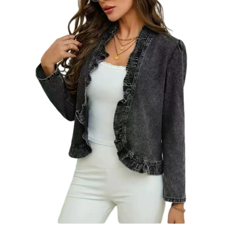 Damen Jeansjacke mit Rüschenkragen und taillierter Silhouette Nord Taschen