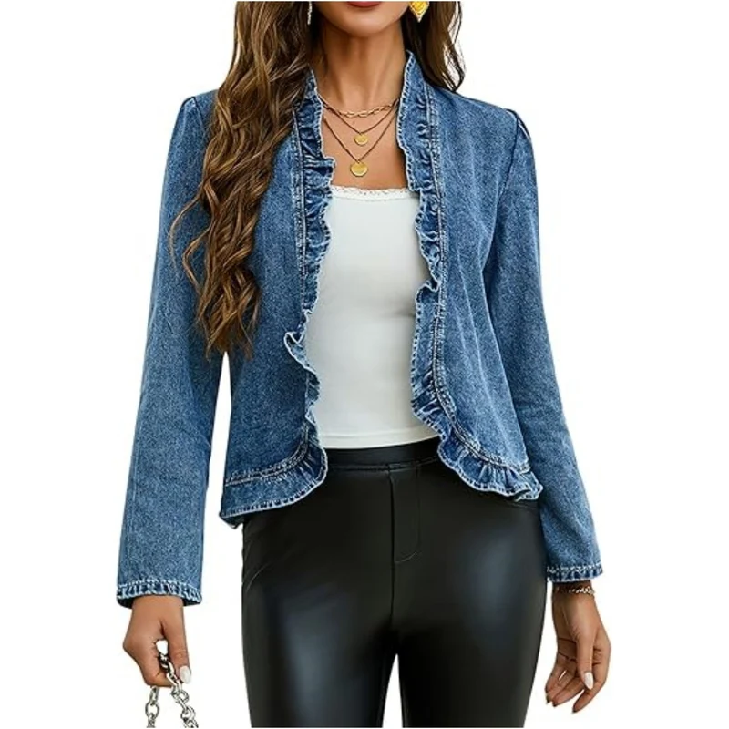 Damen Jeansjacke mit Rüschenkragen und taillierter Silhouette Nord Taschen