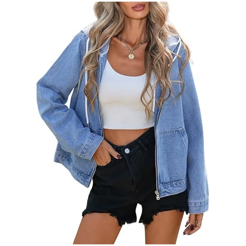 Damen Jeansjacke mit Kapuze, Reißverschluss und Oversize-Schnitt Nord Taschen
