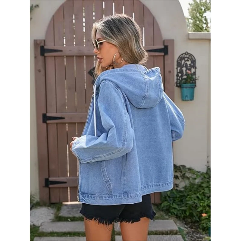 Damen Jeansjacke mit Kapuze, Reißverschluss und Oversize-Schnitt Nord Taschen