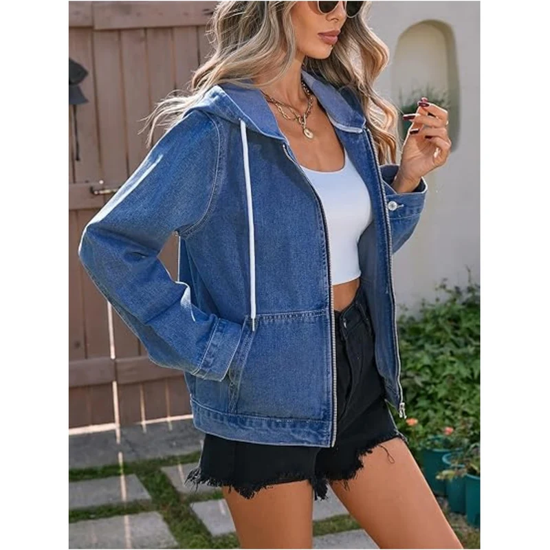 Damen Jeansjacke mit Kapuze, Reißverschluss und Oversize-Schnitt Nord Taschen