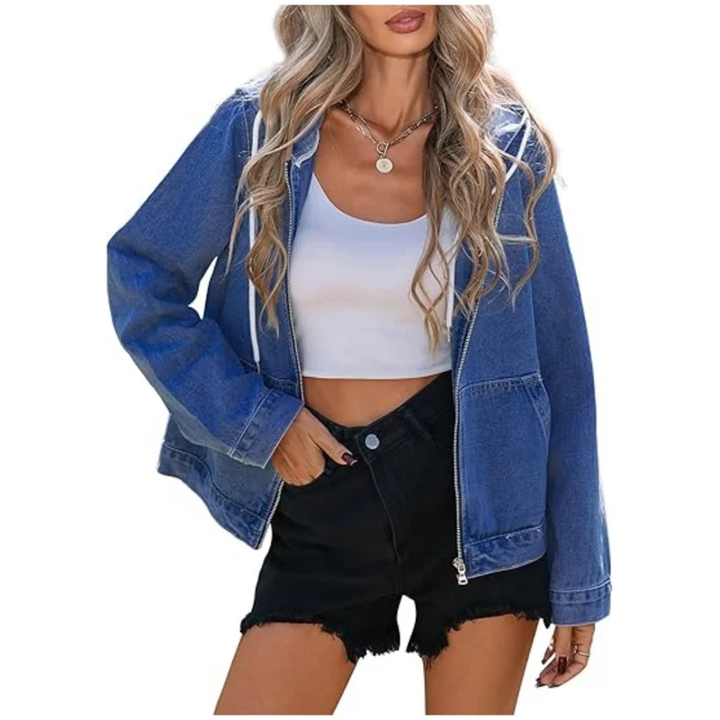 Damen Jeansjacke mit Kapuze, Reißverschluss und Oversize-Schnitt Nord Taschen