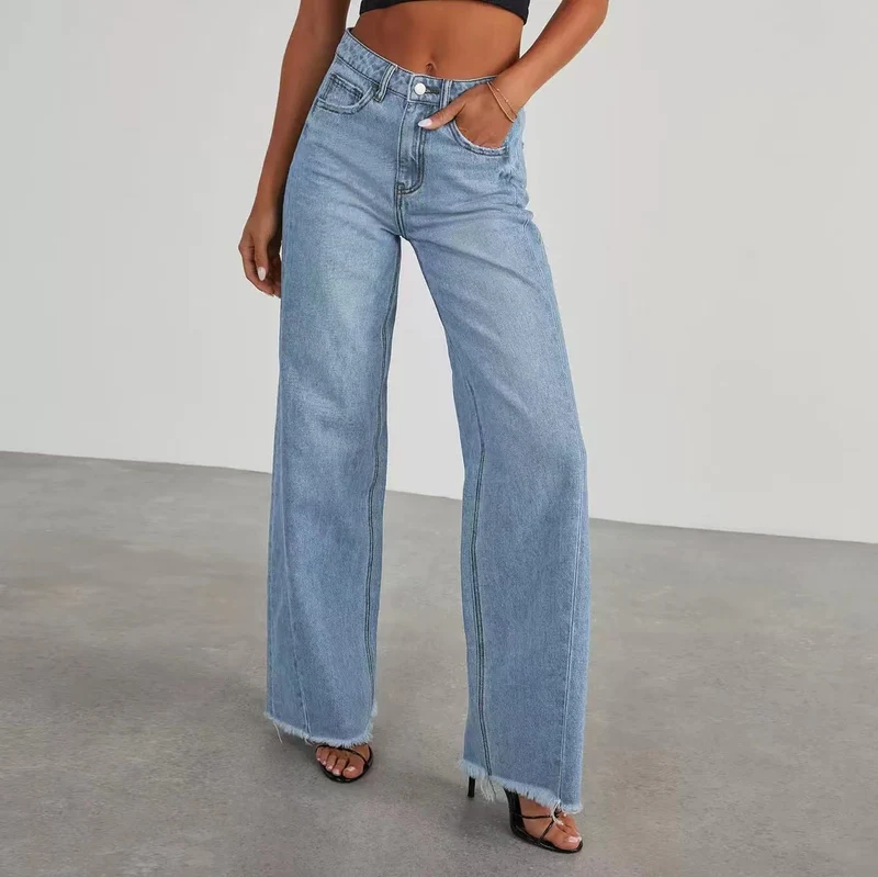 Damen Jeans mit hoher Taille und weitem Bein sowie ausgefranstem Saum Nord Taschen