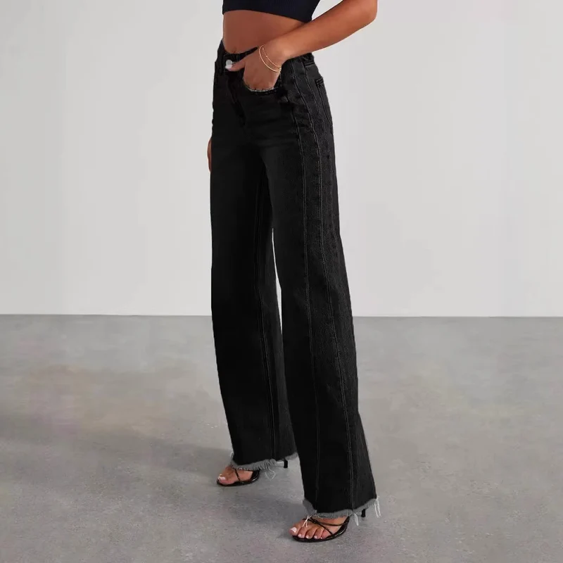 Damen Jeans mit hoher Taille und weitem Bein sowie ausgefranstem Saum Nord Taschen