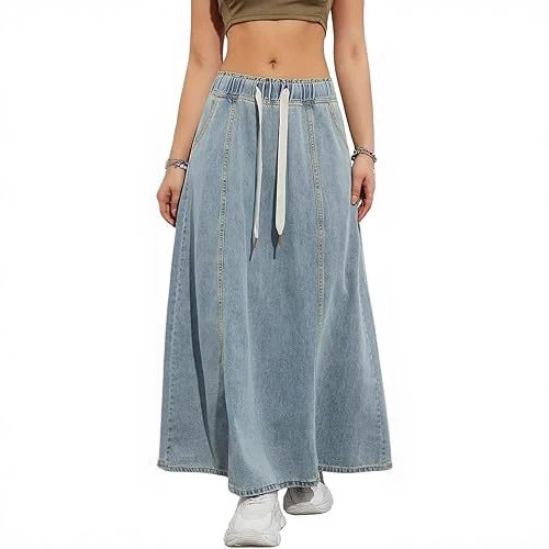 Damen Jeans-Midirock mit elastischem Tunnelzug Nord Taschen