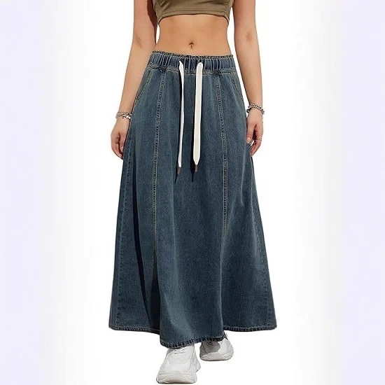Damen Jeans-Midirock mit elastischem Tunnelzug Nord Taschen