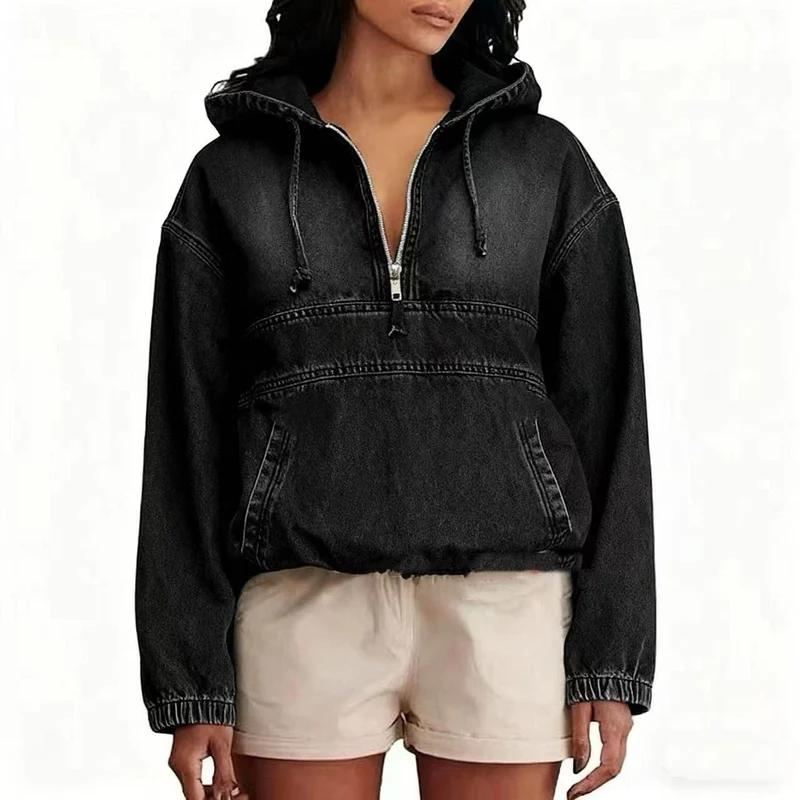 Damen Jeans-Hoodie mit halbem Reißverschluss, Kapuze und elastischem Saum Nord Taschen