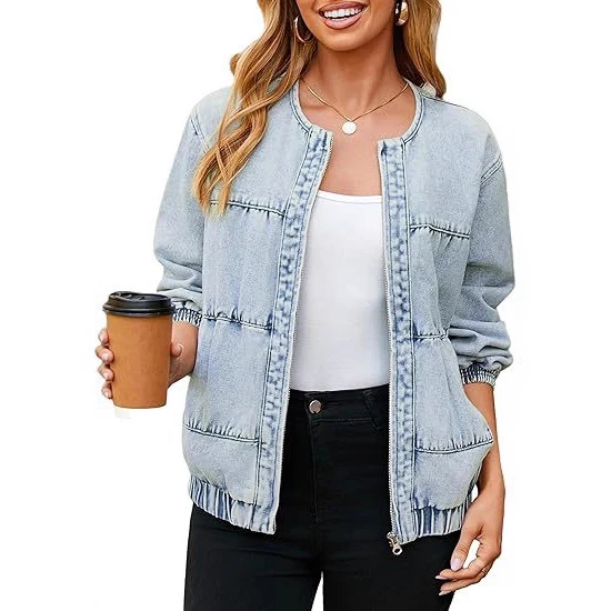 Damen Jeans-Bomberjacke mit Rundhalsausschnitt, elastischen Bündchen und aufgesetzten Taschen Nord Taschen