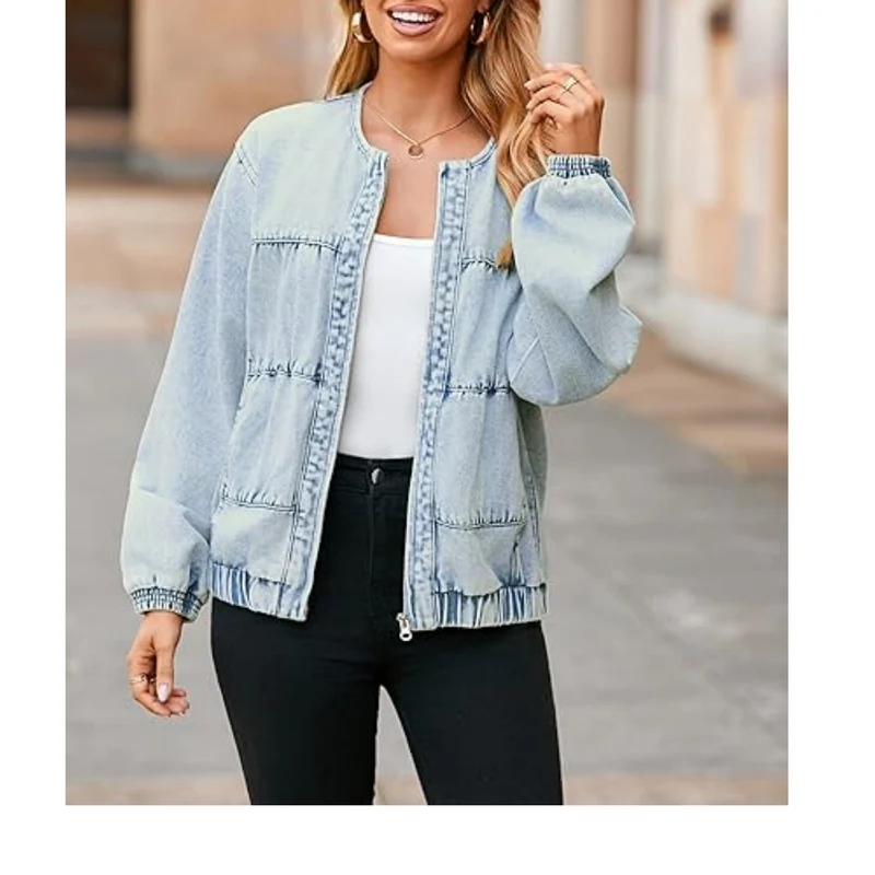 Damen Jeans-Bomberjacke mit Rundhalsausschnitt, elastischen Bündchen und aufgesetzten Taschen Nord Taschen