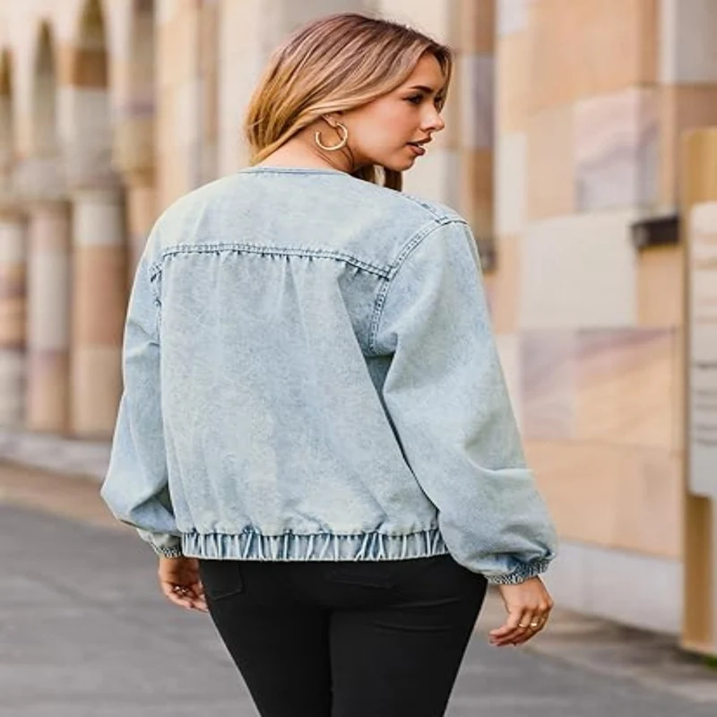 Damen Jeans-Bomberjacke mit Rundhalsausschnitt, elastischen Bündchen und aufgesetzten Taschen Nord Taschen
