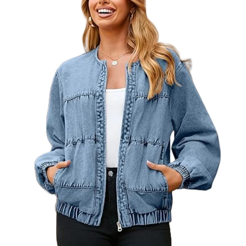 Damen Jeans-Bomberjacke mit Rundhalsausschnitt, elastischen Bündchen und aufgesetzten Taschen Nord Taschen