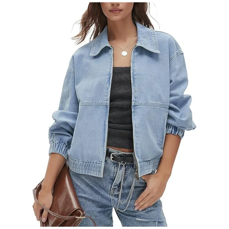 Damen Jeans-Bomberjacke mit Reißverschluss, elastischem Saum und Hemdkragen Nord Taschen