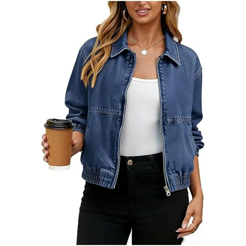 Damen Jeans-Bomberjacke mit Reißverschluss, elastischem Saum und Hemdkragen Nord Taschen