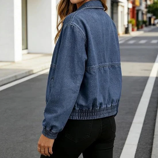 Damen Jeans-Bomberjacke mit Reißverschluss, elastischem Saum und Hemdkragen Nord Taschen