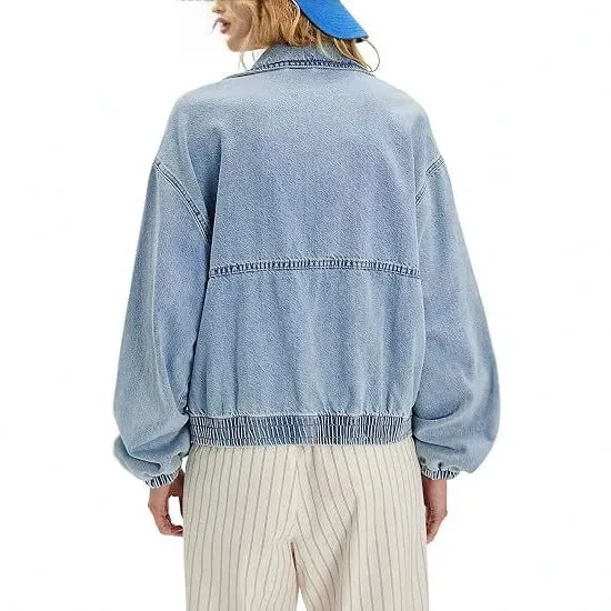 Damen Jeans-Bomberjacke mit Reißverschluss, elastischem Saum und Hemdkragen Nord Taschen