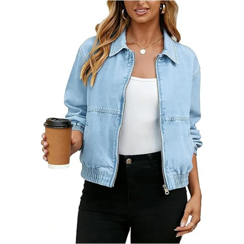 Damen Jeans-Bomberjacke mit Reißverschluss, elastischem Saum und Hemdkragen Nord Taschen