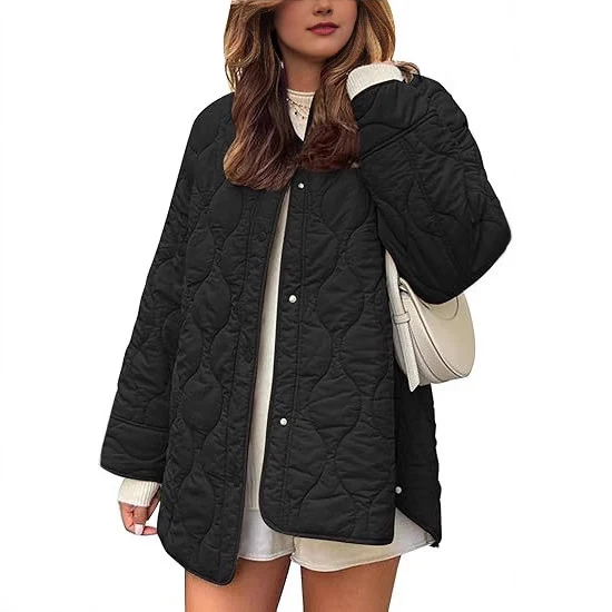 Damen gesteppte Oversize-Steppjacke mit Druckknopfleiste und gerundetem Saum Nord Taschen