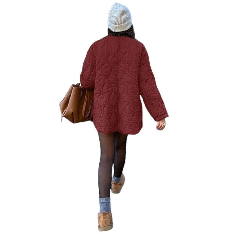 Damen gesteppte Oversize-Steppjacke mit Druckknopfleiste und gerundetem Saum Nord Taschen