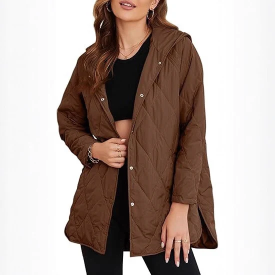 Damen gesteppte Kapuzenjacke mit Oversize-Schnitt, Druckknopfverschluss und Seitenschlitzen Nord Taschen