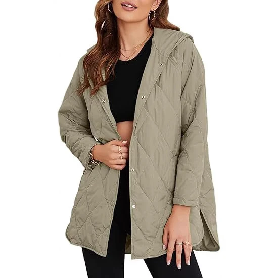 Damen gesteppte Kapuzenjacke mit Oversize-Schnitt, Druckknopfverschluss und Seitenschlitzen Nord Taschen