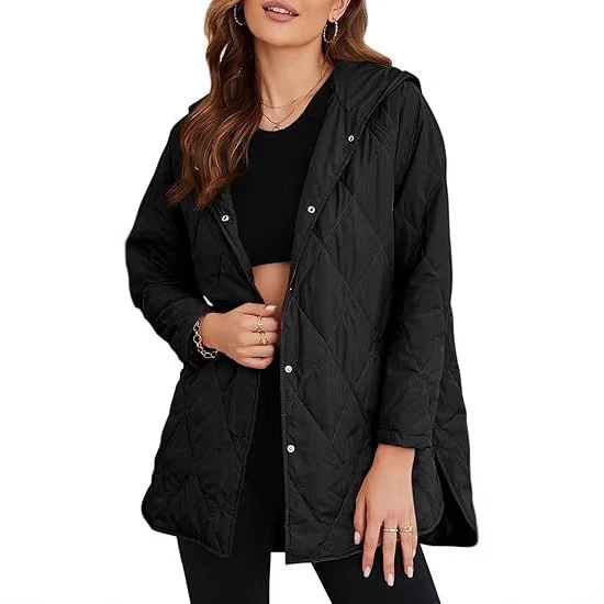 Damen gesteppte Kapuzenjacke mit Oversize-Schnitt, Druckknopfverschluss und Seitenschlitzen Nord Taschen