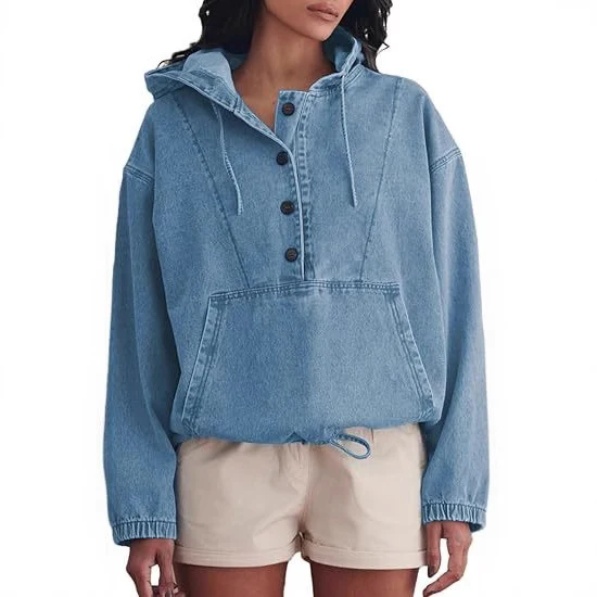 Damen Denim-Hoodie mit halber Knopfleiste, Kängurutasche und Tunnelzugsaum Nord Taschen