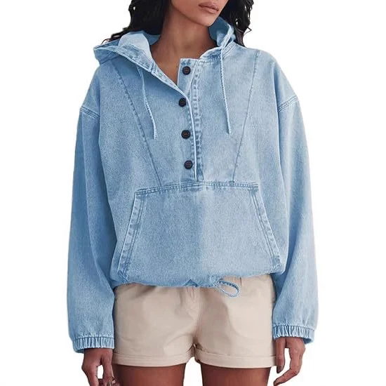 Damen Denim-Hoodie mit halber Knopfleiste, Kängurutasche und Tunnelzugsaum Nord Taschen
