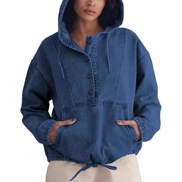 Damen Denim-Hoodie mit halber Knopfleiste, Kängurutasche und Tunnelzugsaum Nord Taschen