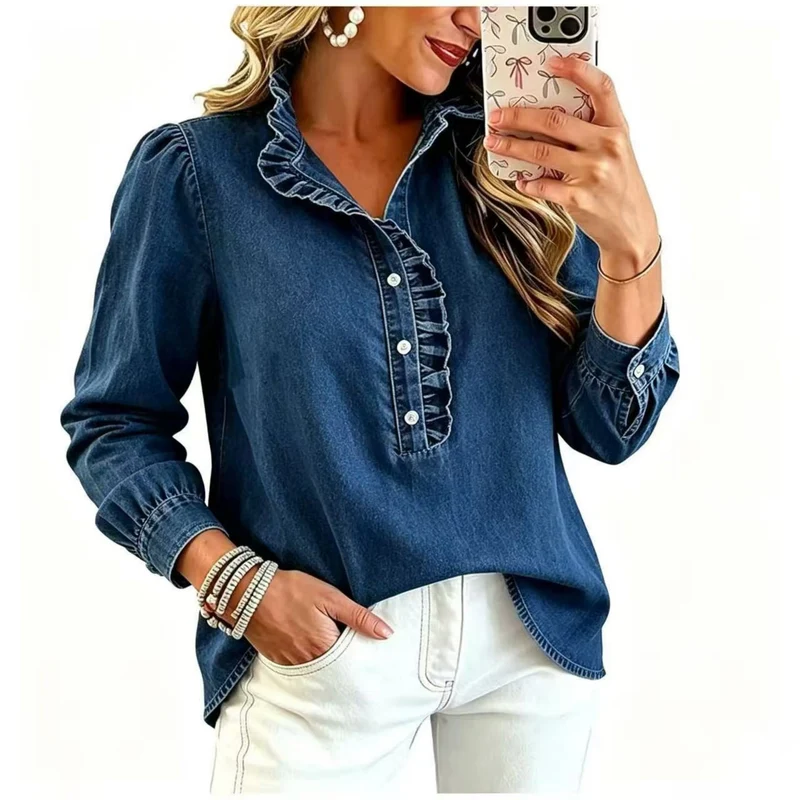 Damen Denim-Bluse mit Rüschenkragen und Puffärmeln Nord Taschen