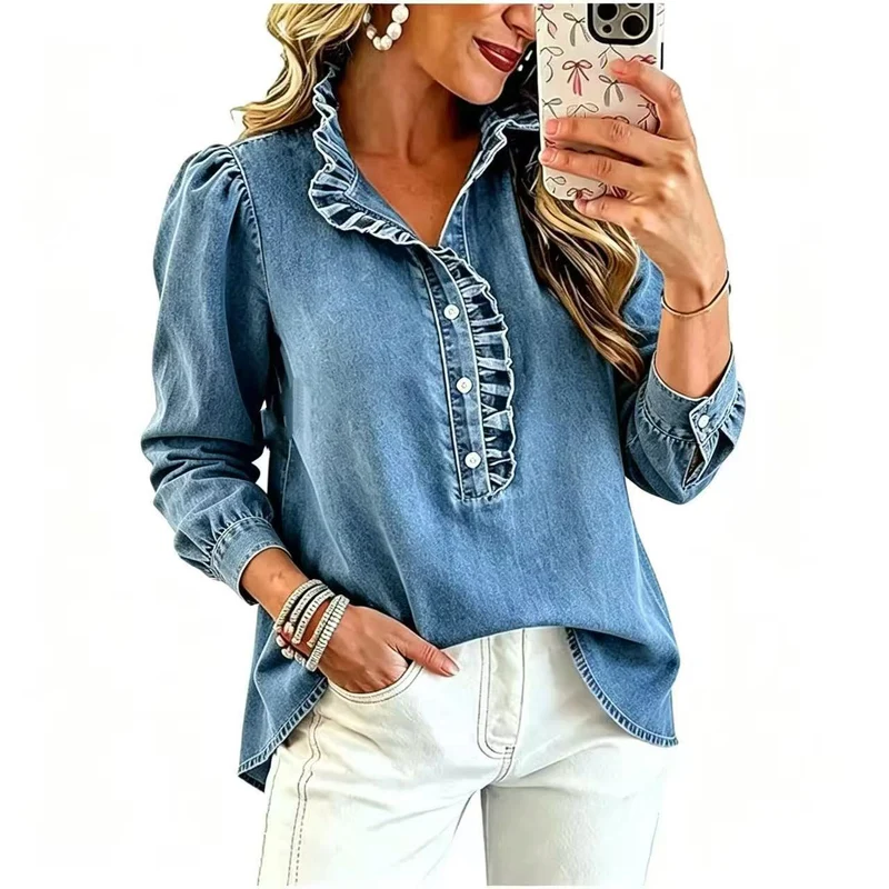 Damen Denim-Bluse mit Rüschenkragen und Puffärmeln Nord Taschen