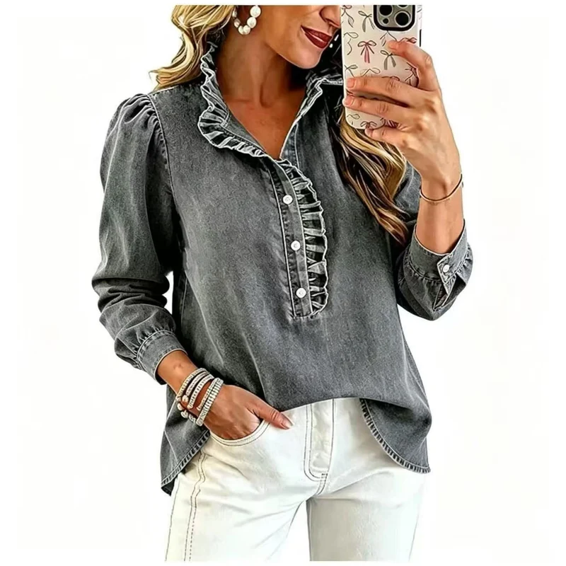 Damen Denim-Bluse mit Rüschenkragen und Puffärmeln Nord Taschen