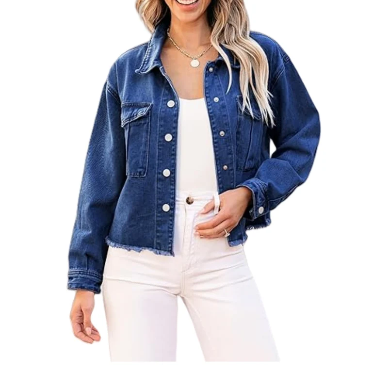 Damen Cropped Denimjacke mit Fransenabschluss und aufgesetzten Brusttaschen Nord Taschen