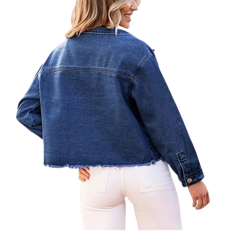 Damen Cropped Denimjacke mit Fransenabschluss und aufgesetzten Brusttaschen Nord Taschen