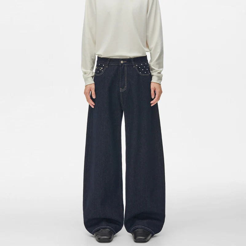 Unisex Ultraweite Palazzodenim-Hose mit Nietenbesetzten Eingrifftaschen und bodenlangem Saum Nord Taschen