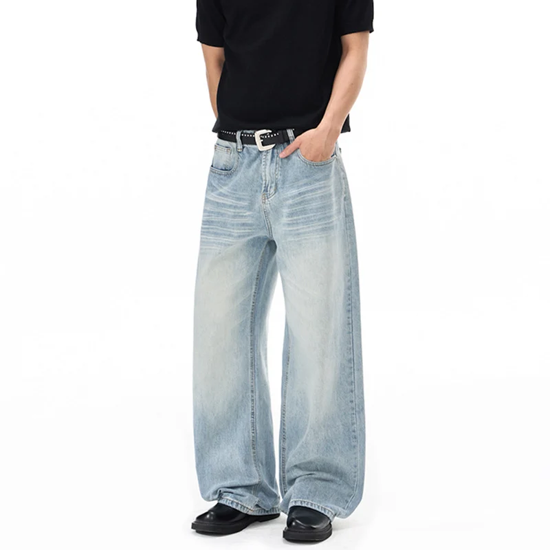 Herren Weitfallende Loose-Palazzo-Denimjeans mit tiefem Schritt und heller Used-Waschung Nord Taschen
