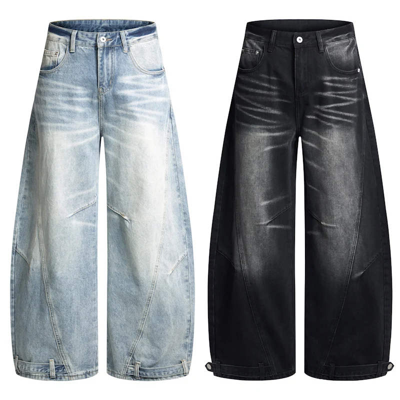 Herren Weitfallende Denim-Palazzo‑Hose mit skulpturalen Nahtpaneelen und bodenlangem Saum Nord Taschen