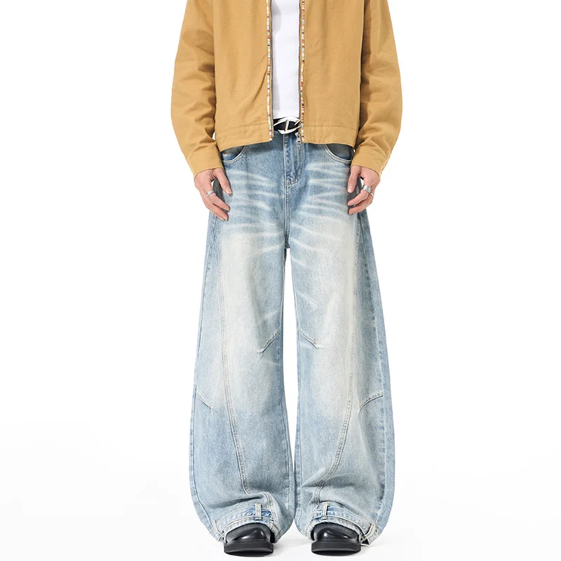 Herren Weitfallende Denim-Palazzo‑Hose mit skulpturalen Nahtpaneelen und bodenlangem Saum Nord Taschen