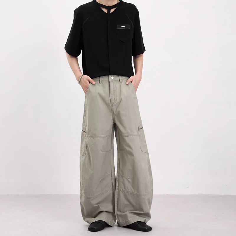 Herren Weite Twill-Palazzo-Cargohose mit tiefem Schritt, Knieabnähern und Utility-Taschen Nord Taschen
