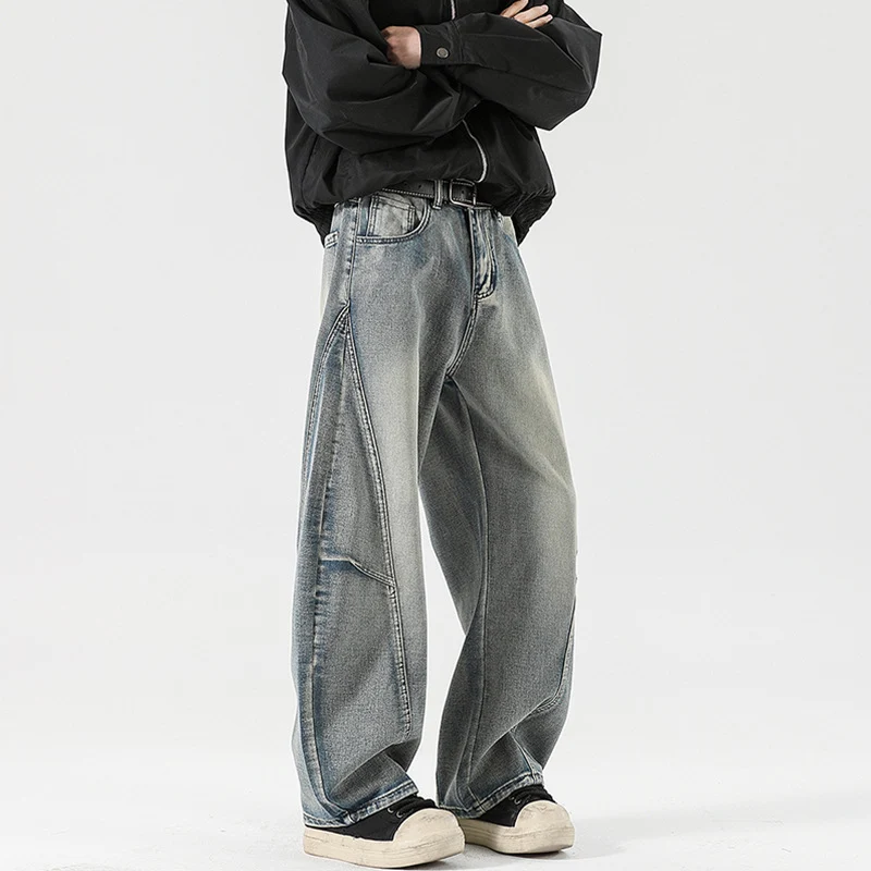 Herren Weite Stonewashed-Paneel-Denimhose mit tiefem Schritt und markanten Ziernähten Nord Taschen