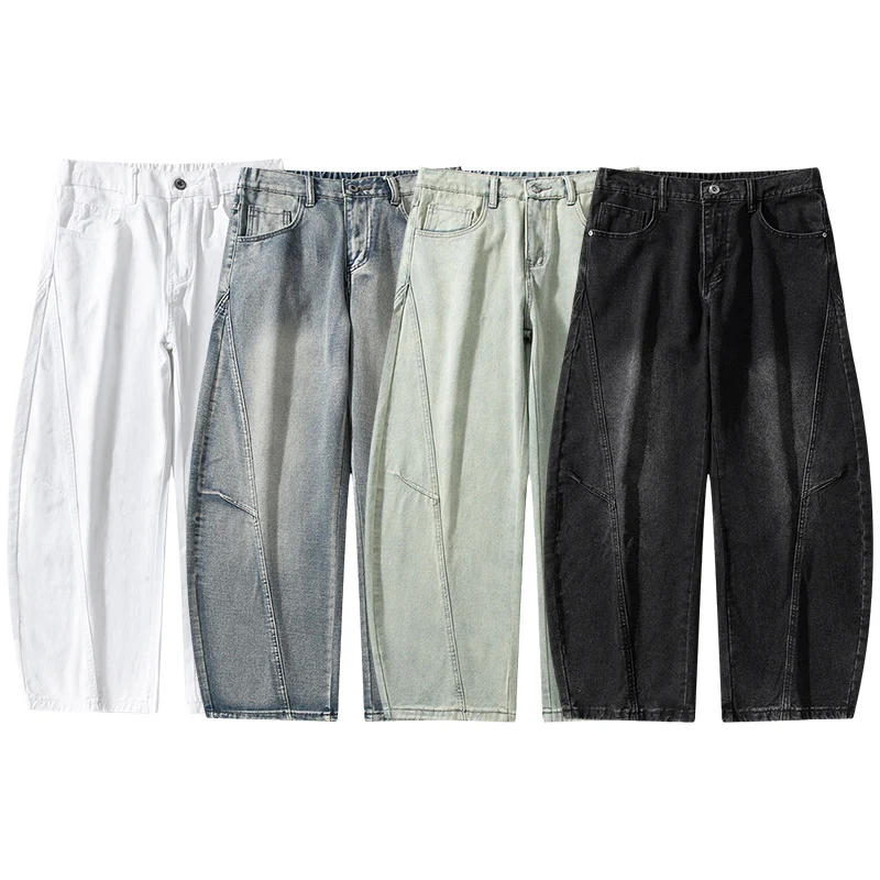 Herren Weite Stonewashed-Paneel-Denimhose mit tiefem Schritt und markanten Ziernähten Nord Taschen