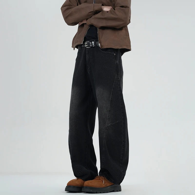 Herren Weite Stonewashed-Paneel-Denimhose mit tiefem Schritt und markanten Ziernähten Nord Taschen